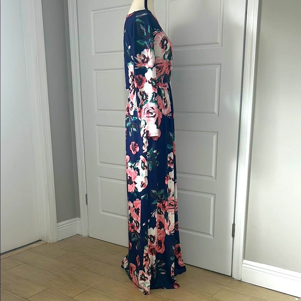 Navy/Pink Floral Maxi Dress with Long Sleeves and Pockets - Picture 5 of 6